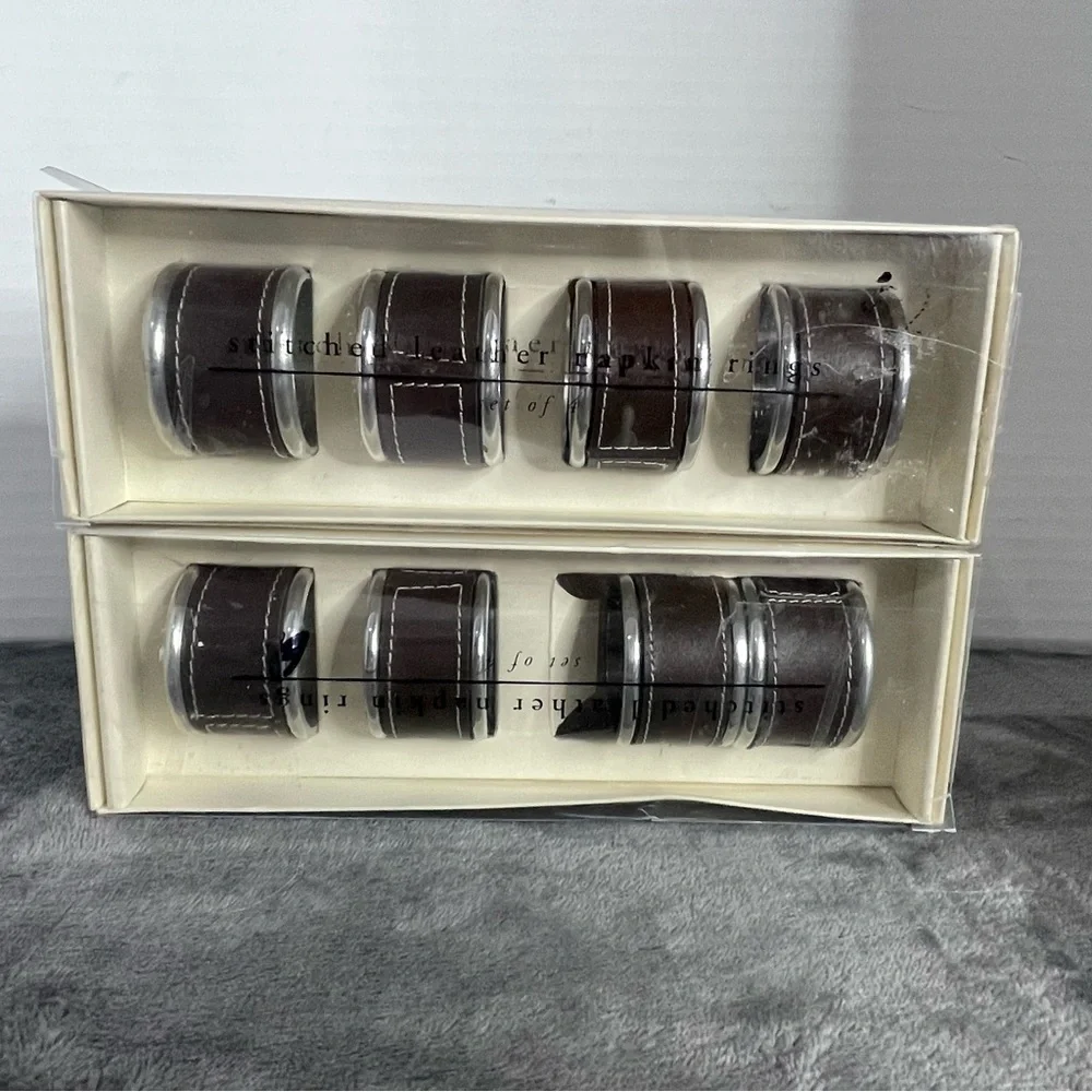 Pier 1 Imports Set of 8 Napkin Rings Stitched‎ Leather and Aluminum